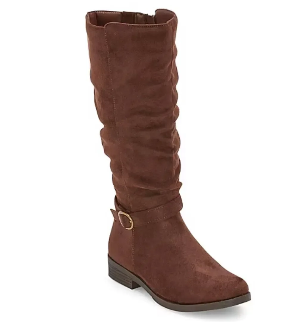 NEW! 7M Pop Chambers Womens Flat Heel Slouch Boots Brown Suedelike